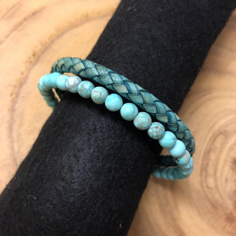 Men&#39;s Blue Leather &amp; Stone Bracelet