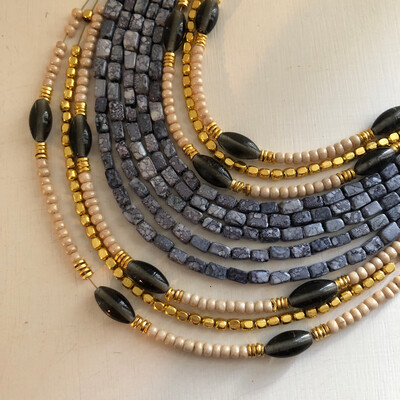 Grey Multi Strand Beaded Collar Necklace