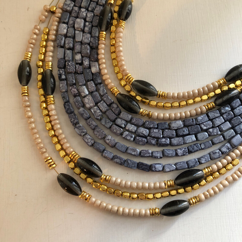 Grey Multi Strand Beaded Collar Necklace