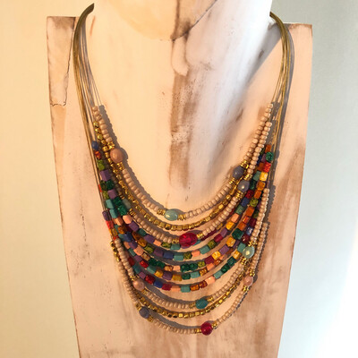 Multi Coloured Multi Strand Beaded Collar Necklace