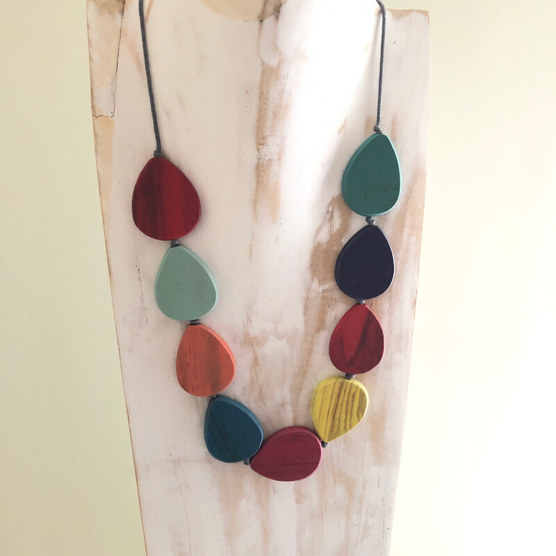 Multi Coloured Wooden Teardrop Necklace