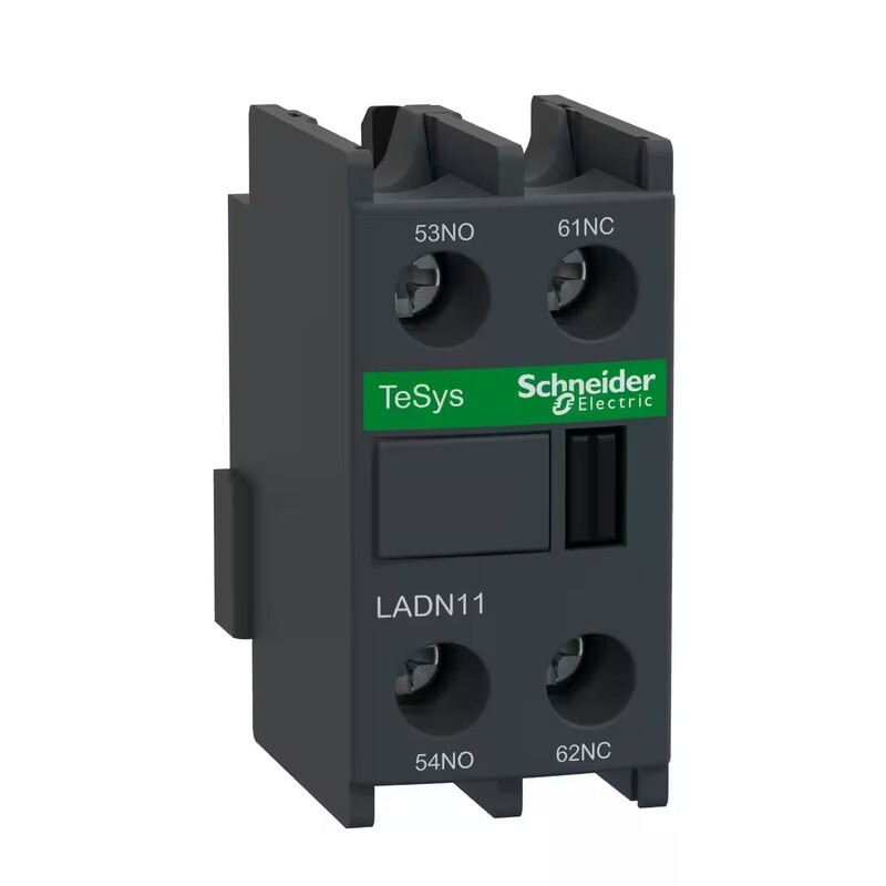 TeSys D, Auxiliary contact block, 1NO + 1NC, front mounting, screw clamp terminals
