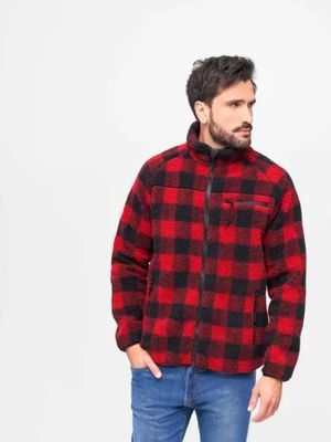 Мужская флисовая куртка тедди/толстовка в клетку без капюшона Teddy RED/BLACK