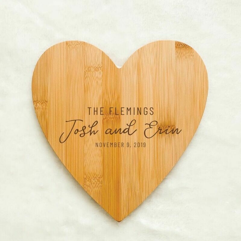 Engraved Couple Heart Bamboo Cutting Board 8.5''x9''