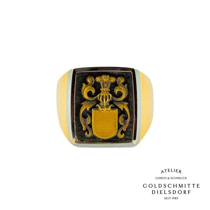 Wappenring Gelbgold 750 mit Weissgold - Rand