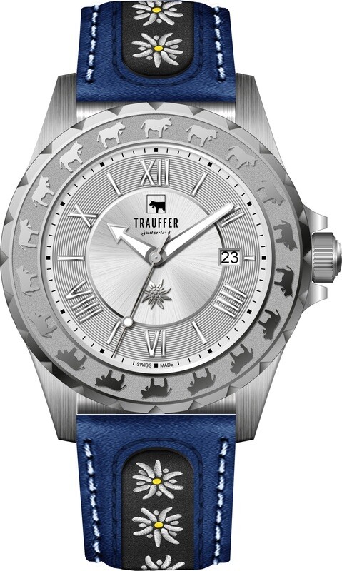 Trauffer Alpenaufzug Herren Silbrig mit Lederband blau Trauffer Alpenaufzug Herren Silbrig mit Lederband blau