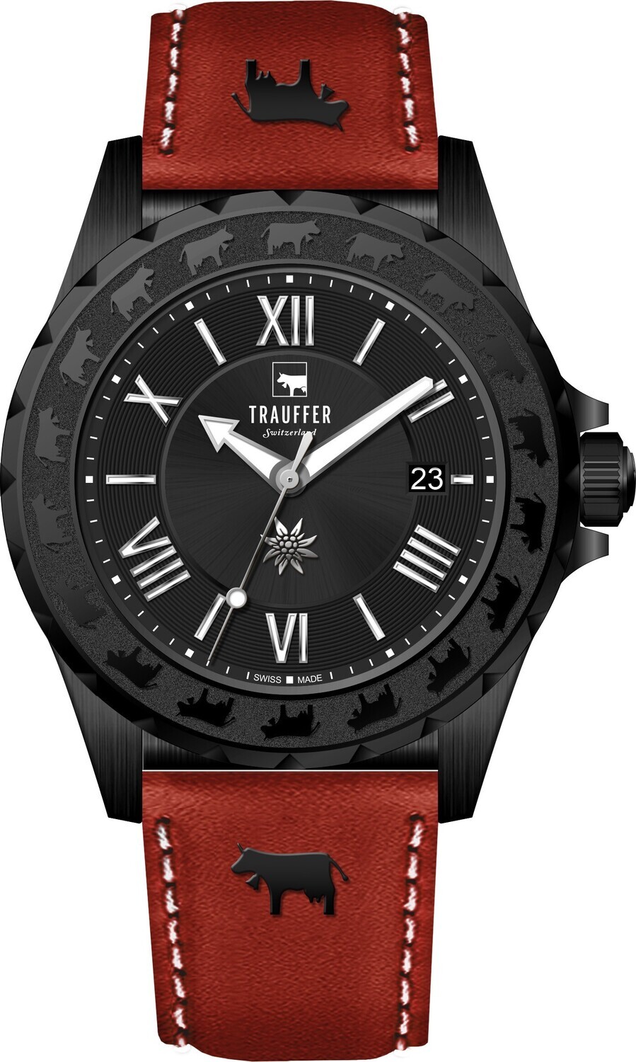 Trauffer Alpenaufzug Herren schwarz mit Lederband rot Trauffer Alpenaufzug Herren schwarz mit Lederband rot