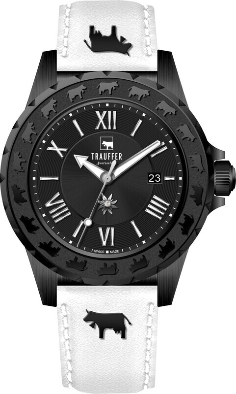 Trauffer Alpenaufzug Damen schwarz mit Lederband weiss Trauffer Alpenaufzug Damen schwarz mit Lederband weiss