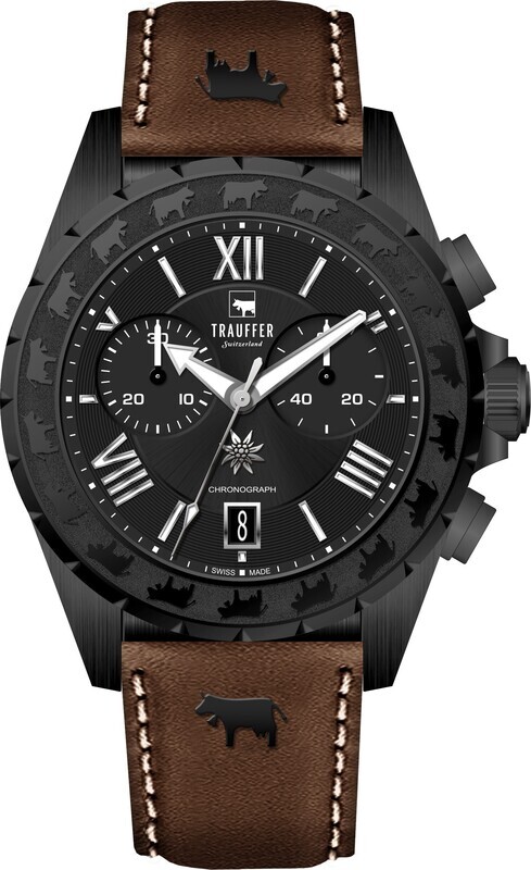 Trauffer Chrono Alpenaufzug Herren schwarz mit Lederband Trauffer Chrono Alpenaufzug Herren schwarz mit Lederband