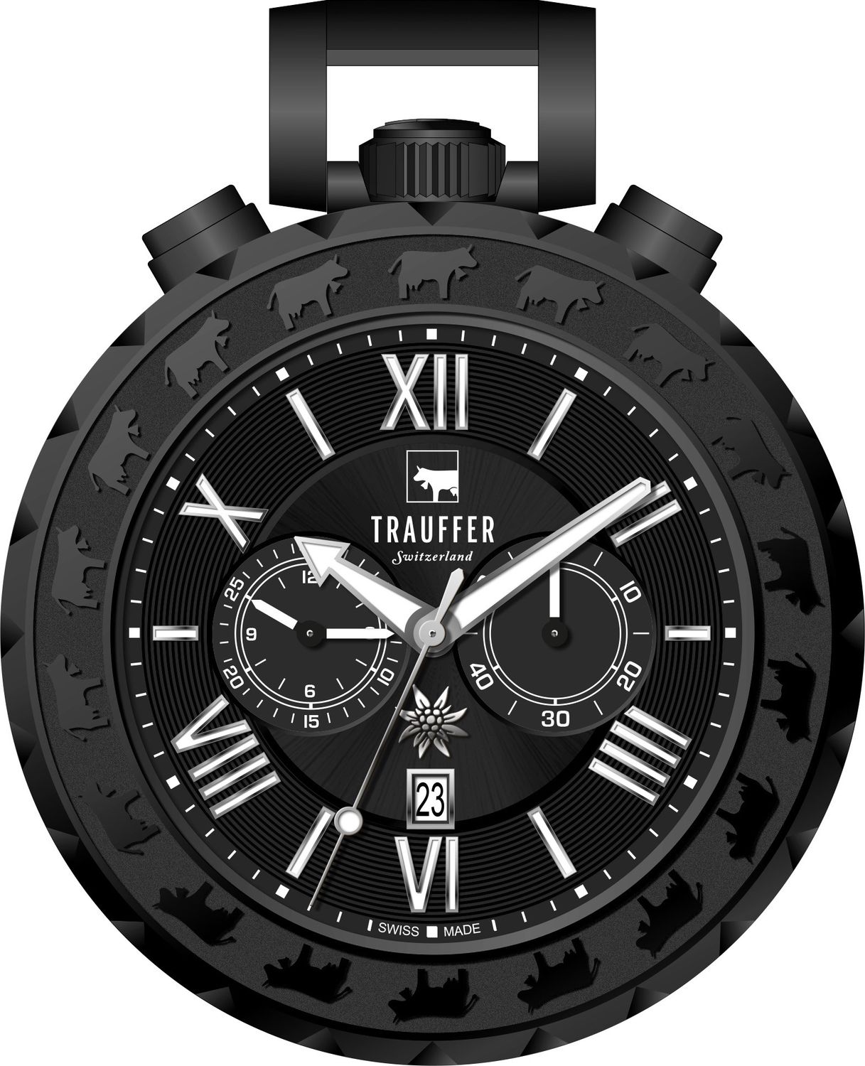 Taschenuhr Trauffer Chrono Alpenaufzug Edelstahl (PVD schwarz)