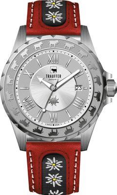 Trauffer Alpenaufzug Herren Silbrig mit Lederband rot Trauffer Alpenaufzug Herren Silbrig mit Lederband rot