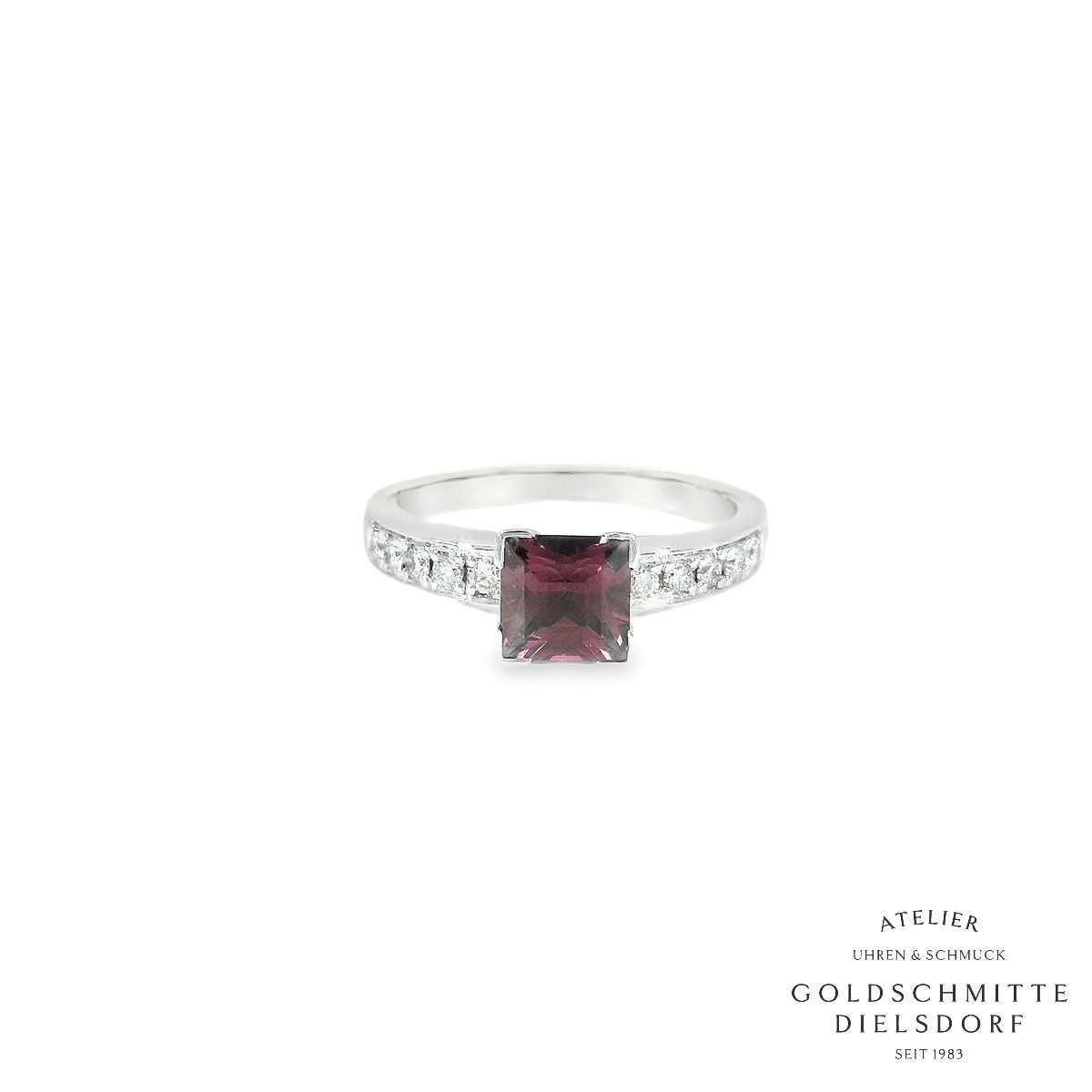 Solitär Ring mit pinkfarbenem Granat und Brillanten in Weissgold 750