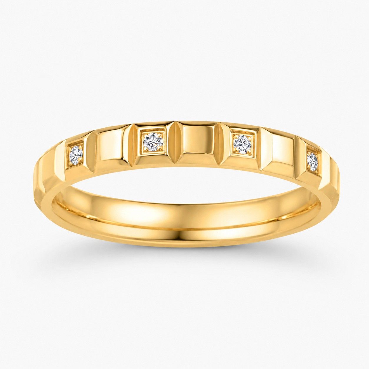 Trauring mit Brillanten mit geometrischer Struktur in Gelbgold 750