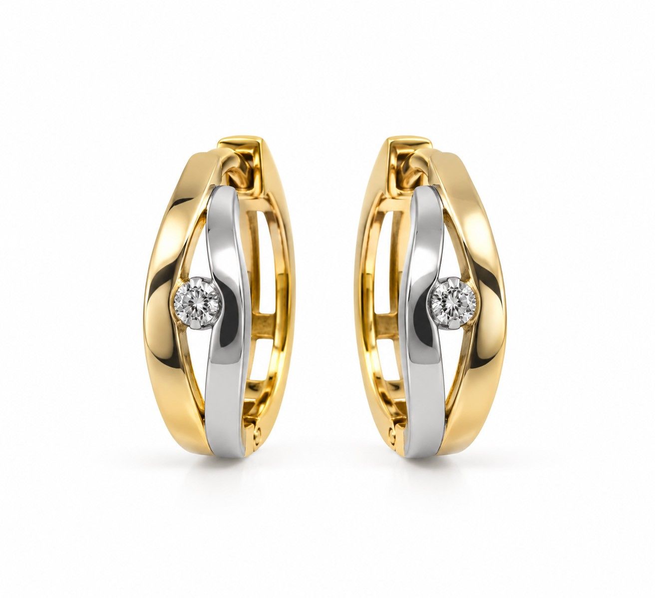 Bicolor-Scharniercreolen mit Brillanten – Gelbgold & Weissgold 750