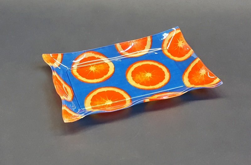 Vuotatasche - vassoietto in plexiglass con tessuto &quot;Blue orange&quot;