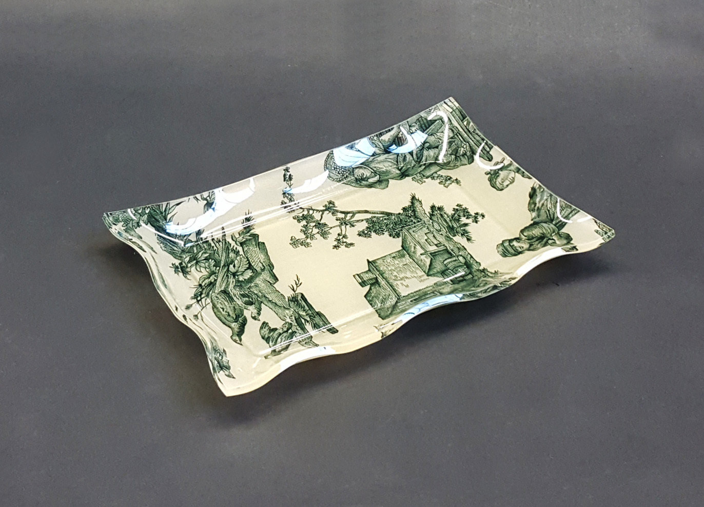 Vuotatasche - vassoietto in plexiglass con tessuto &quot;Toile de jouy&quot; VERDE