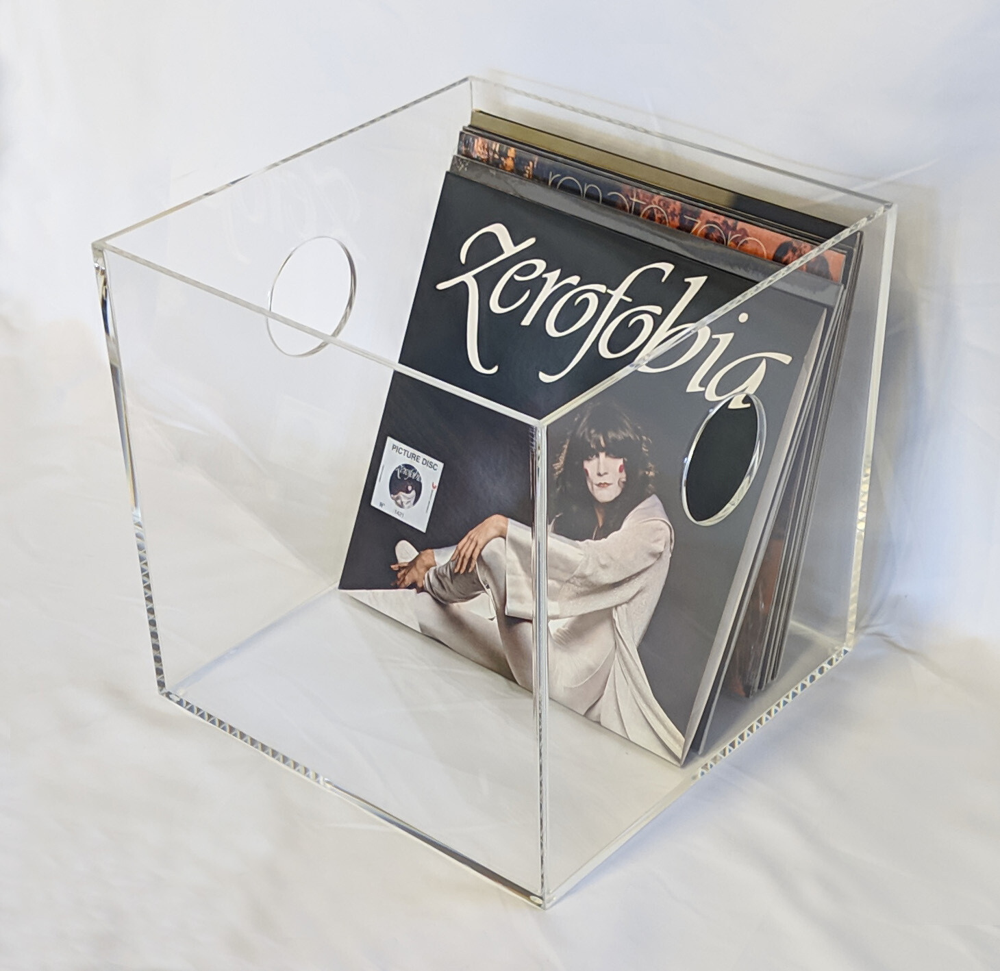 Contenitore portadischi vinili in plexiglass trasparente a cubo