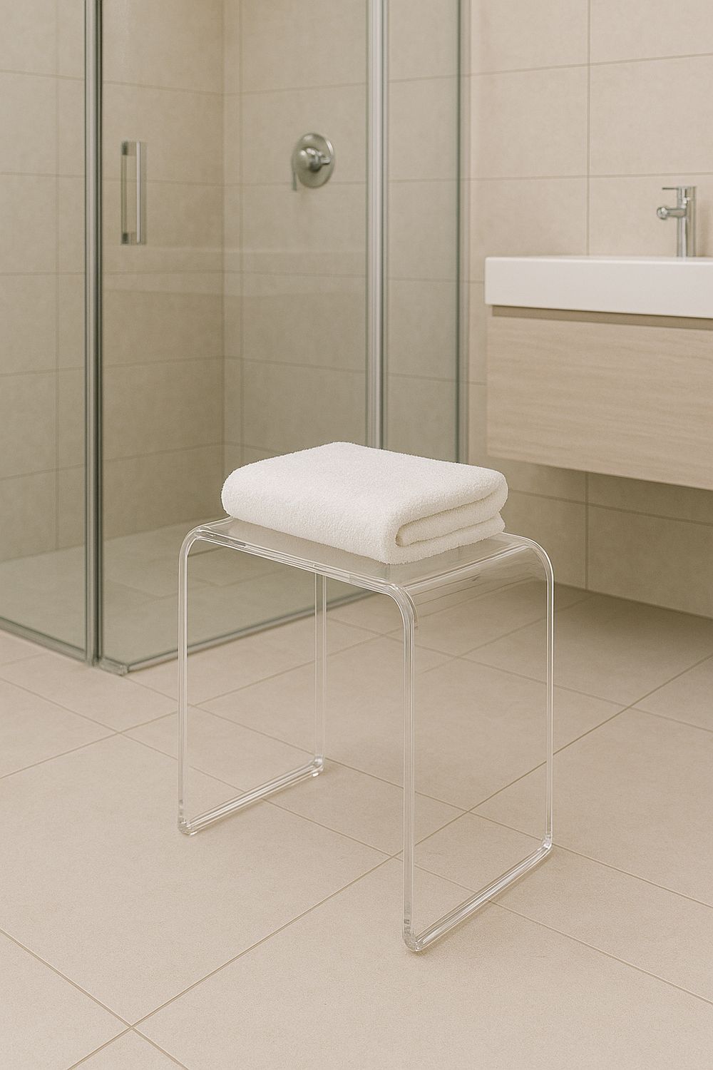 Sgabello per sala da bagno in Plexiglass Trasparente, 41x28x43 cm, Spessore 1,2 cm, Portata 100 kg