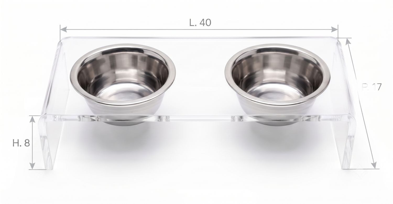 Mangiatoia porta ciotole per cani e gatti in plexiglass trasparente "Cosmo" SMALL