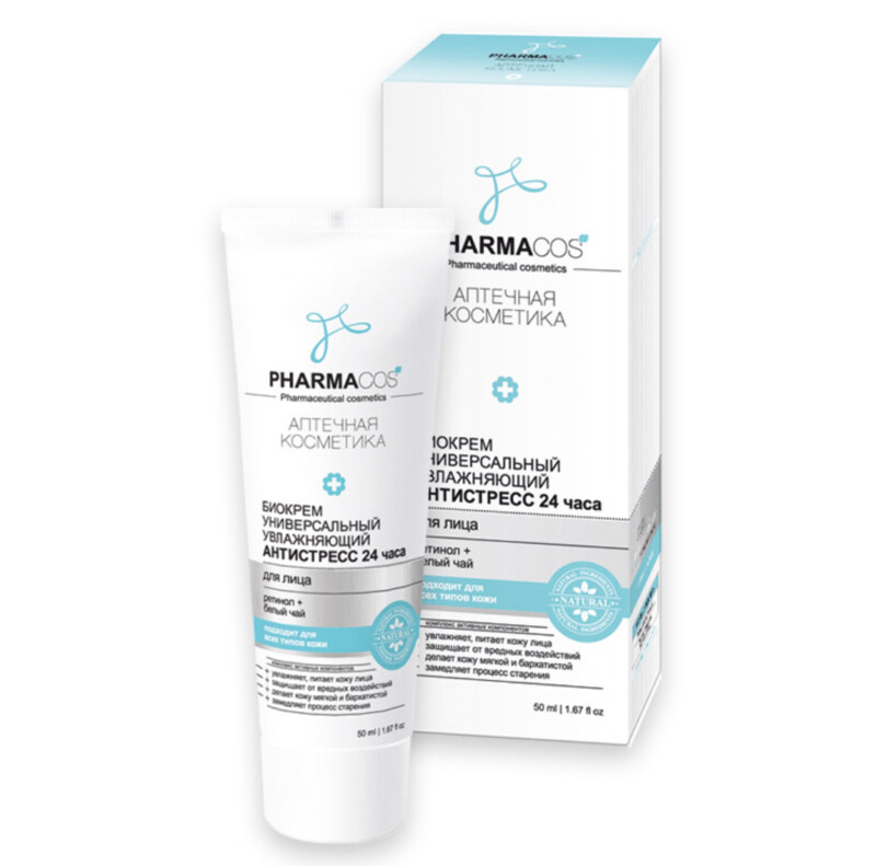 PharmaCos. Biocrema  facial universal, antiestrés, hidratación 24 horas, 50 ml.