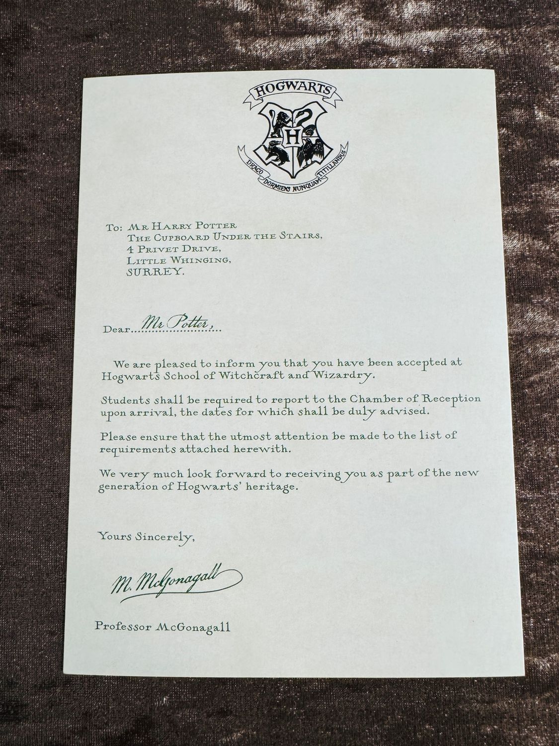 POSTAL CARTA DE ACEPTACION HARRY POTTER MINALIMA