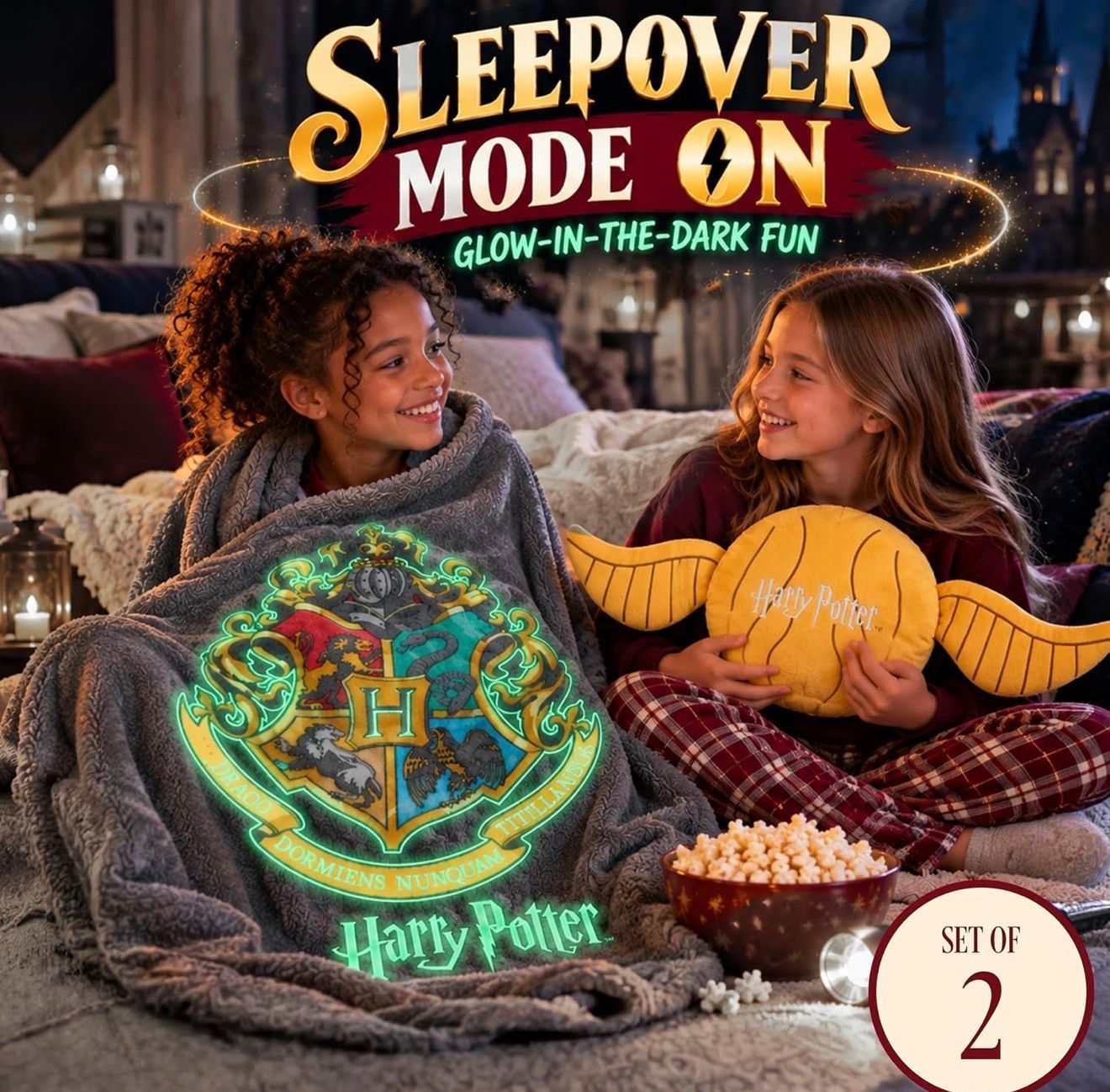 MANTA MAGICA ESCUDO HOGWARTS BRILLA OSCURIDAD & COJIN SNITCH HARRY POTTER