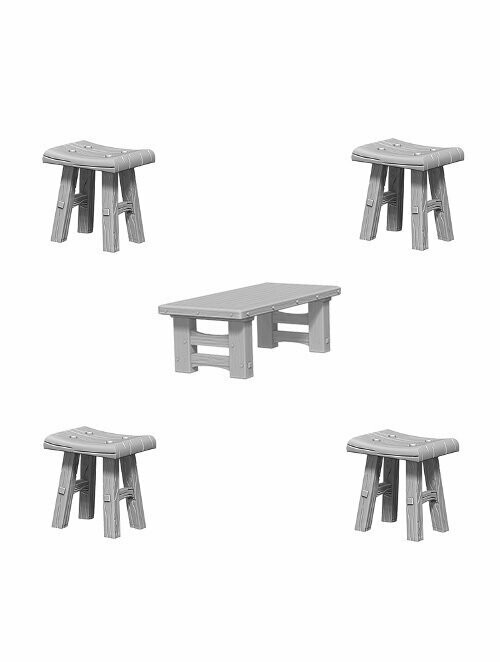Wizkids Deep Cuts Unpainted Miniatures Wooden Table & Stools (Wave 4)