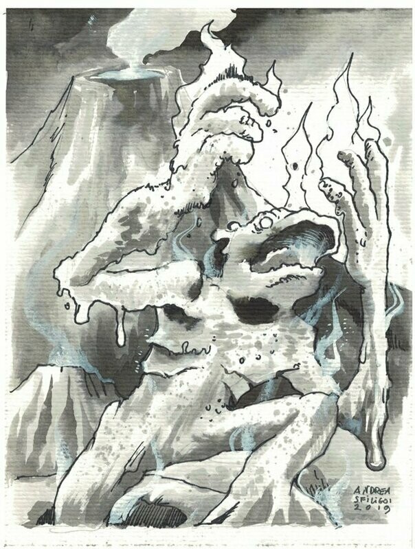 Four Against Darkness Warlike Woes Andrea Sfiligoi Original Artwork Lava Elemental