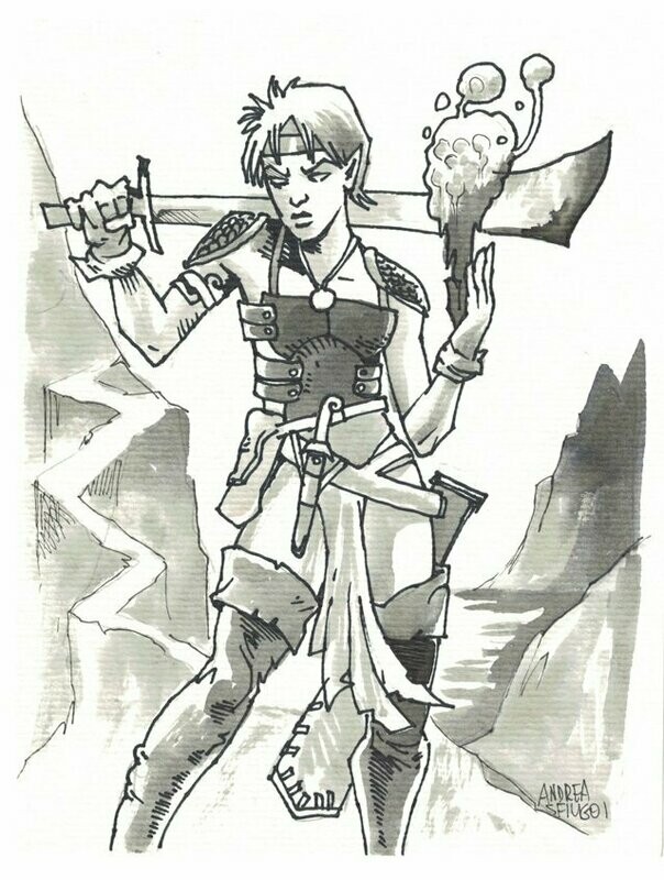 Four Against Darkness Warlike Woes Andrea Sfiligoi Original Artwork Mountain Elf Raider