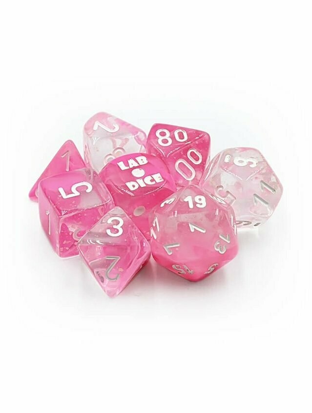 Lab Die Gemini Clear Pink / White Poly 7 Set Of Dice