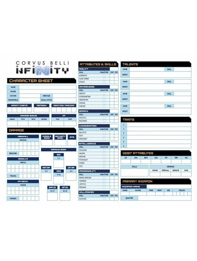 Infinity The Roleplaying Game Character Sheet Pad
