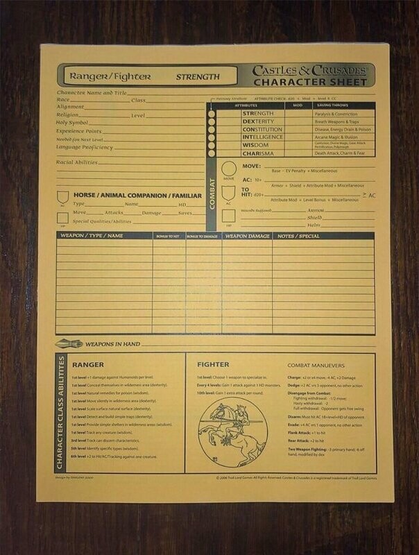 Castles & Crusades RPG Character Reference Sheets Goldenrod