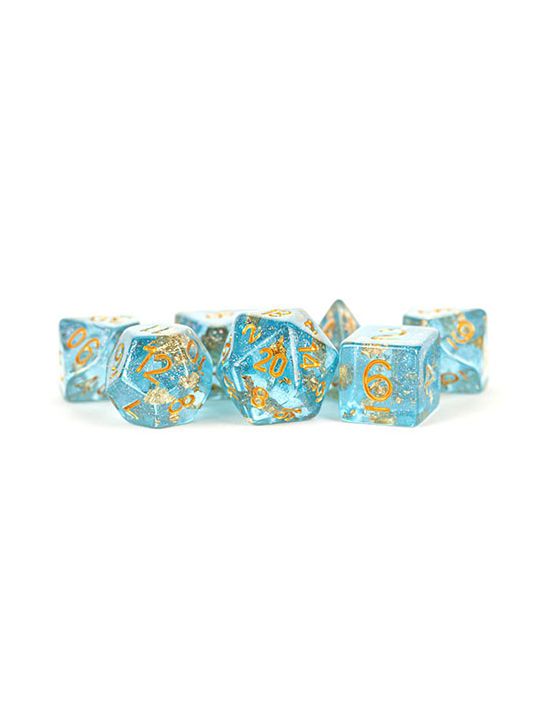 16mm Resin Polyhedral Dice Set Blue w/ Gold Foil