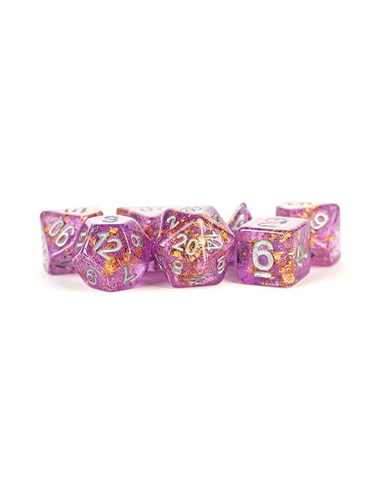 16mm Resin Polyhedral Dice Set Purple w/ Gold Foil