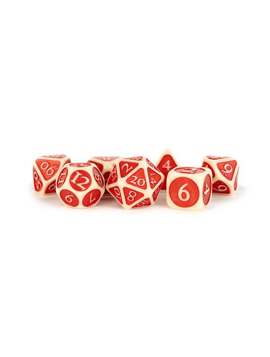 16mm Enamel Acrylic Poly Dice Set Ivory w/ Red Enamel