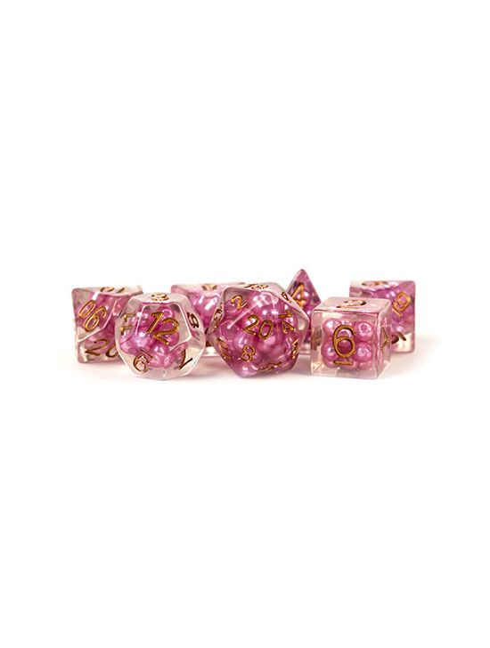 16mm Resin Polyhedral Dice Set Pearl Pink w/ Copper Numbers