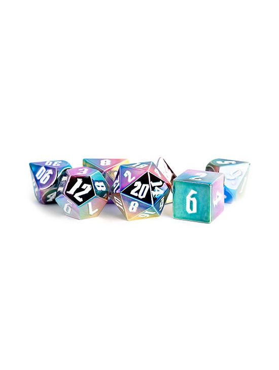 16mm Aluminium Plated Acrylic Poly Dice Set Rainbow Aegis w/ White Numbers