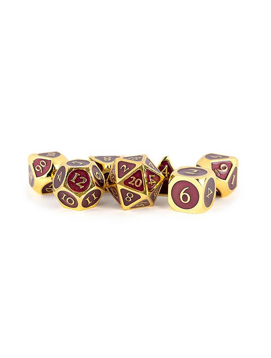 16mm Metal Polyhedral Dice Set Gold w/ Purple Enamel