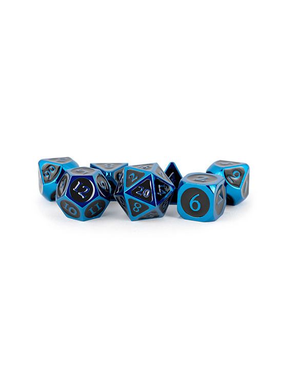 16mm Metal Polyhedral Dice Set Blue w/ Black Enamel