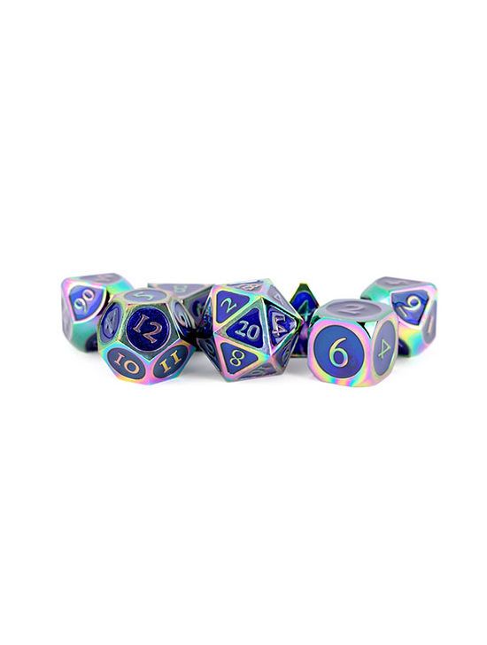 16mm Metal Polyhedral Dice Set Rainbow w/ Blue Enamel