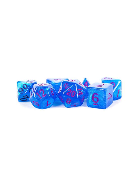 16mm Acrylic Polyhedral Dice Set Stardust Blue w/ Purple Numbers 16mm Acrylic Polyhedral Dice Set Stardust Blue w/ Purple Numbers