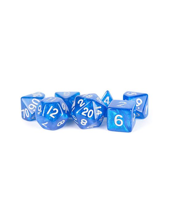16mm Acrylic Polyhedral Dice Set Stardust Blue w/ Silver Numbers 16mm Acrylic Polyhedral Dice Set Stardust Blue w/ Silver Numbers