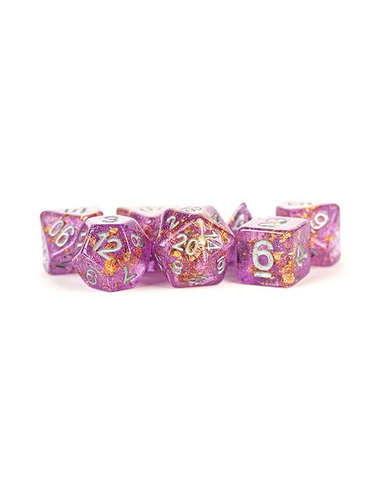 16mm Resin Polyhedral Dice Set Purple w/ Gold Foil 16mm Resin Polyhedral Dice Set Purple w/ Gold Foil