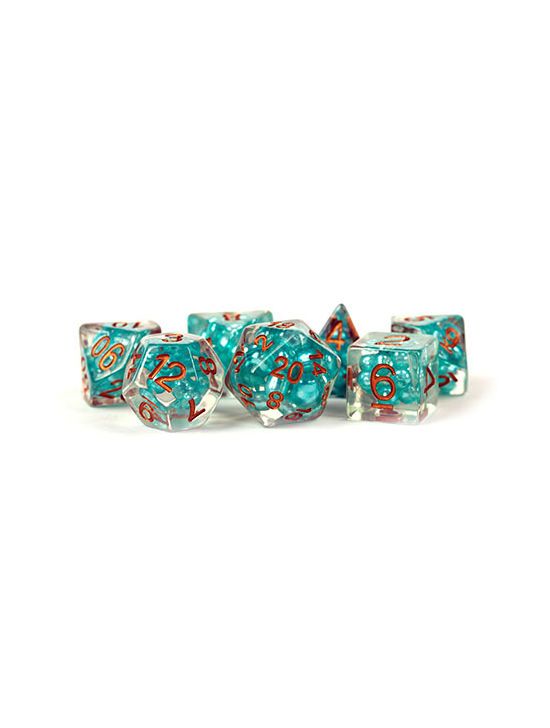 16mm Resin Polyhedral Dice Set Pearl Teal w/ Copper Numbers 16mm Resin Polyhedral Dice Set Pearl Teal w/ Copper Numbers