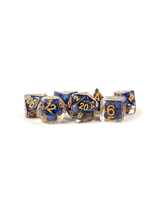 16mm Resin Polyhedral Dice Set Pearl Royal Blue w/ Gold Numbers 16mm Resin Polyhedral Dice Set Pearl Royal Blue w/ Gold Numbers