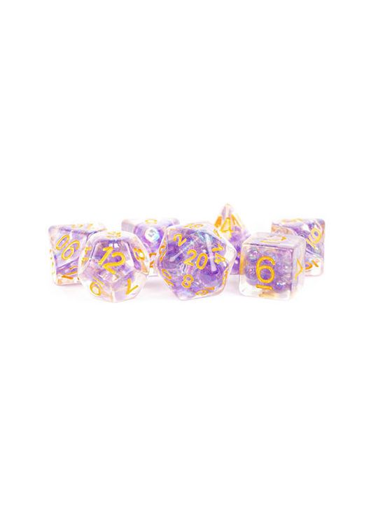 16mm Resin Polyhedral Dice Set Pearl Purple w/ Gold Numbers 16mm Resin Polyhedral Dice Set Pearl Purple w/ Gold Numbers