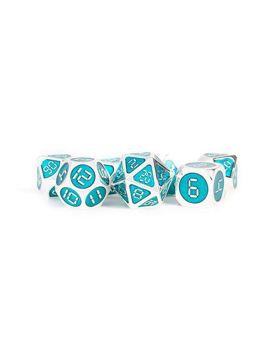 16mm Metal Polyhedral Dice Set Silver w/ Teal Enamel
