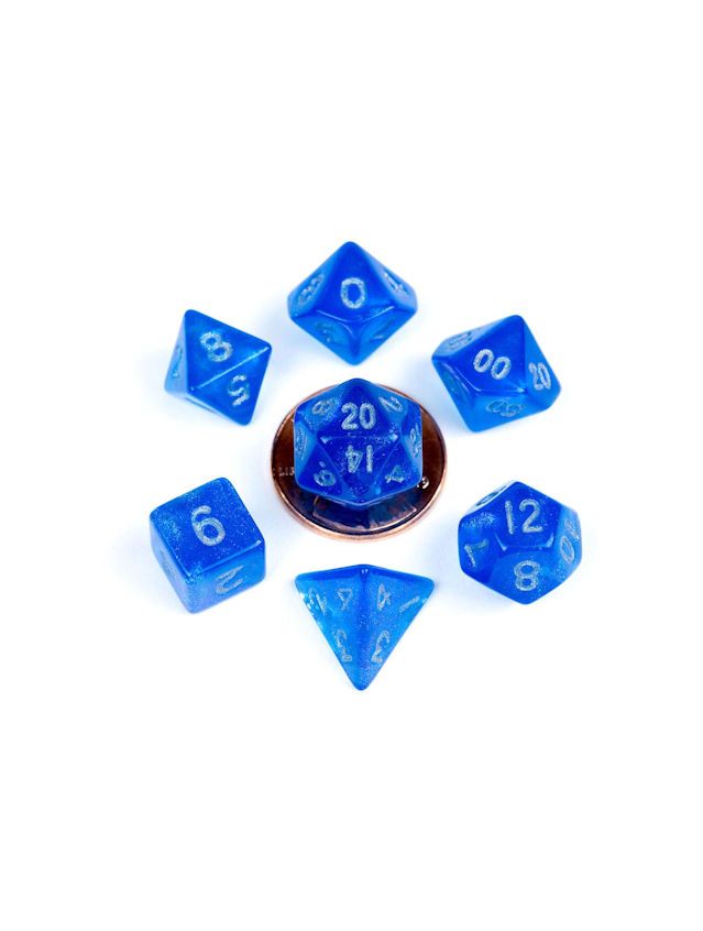 10mm Mini Dice Set Stardust Blue With Silver Numbers