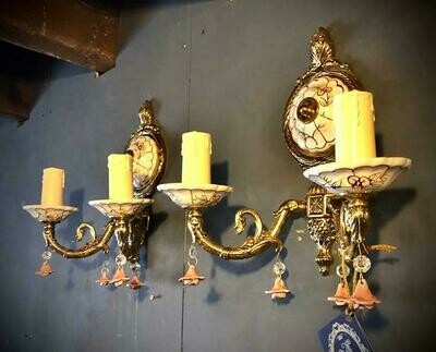 French ceramic and brass wall lights