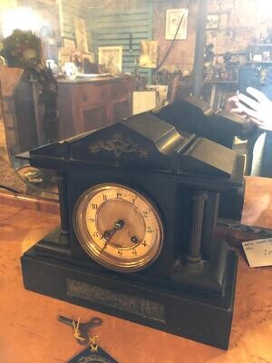 French slate mantel clock with decorative inlay